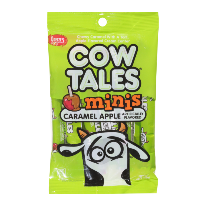 Caramel Apple Cow Tales Minis, chewy caramel candy, apple-flavored candy, Cow Tales minis, caramel apple treats, bite-sized candies, nostalgic candy, fall-inspired candy, caramel apple snacks, resealable candy bag.