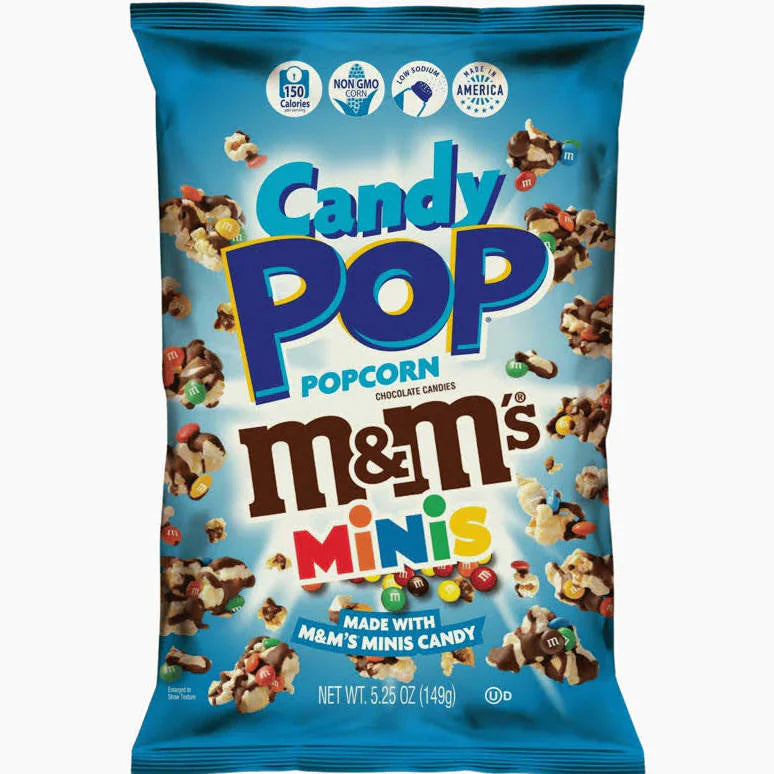 Candy Pop M&M Popcorn, M&M flavored popcorn, chocolate popcorn, 5.25oz popcorn snack, sweet and salty snack, candy-coated popcorn, movie night popcorn, M&M popcorn treat, popcorn with candy, gourmet popcorn.