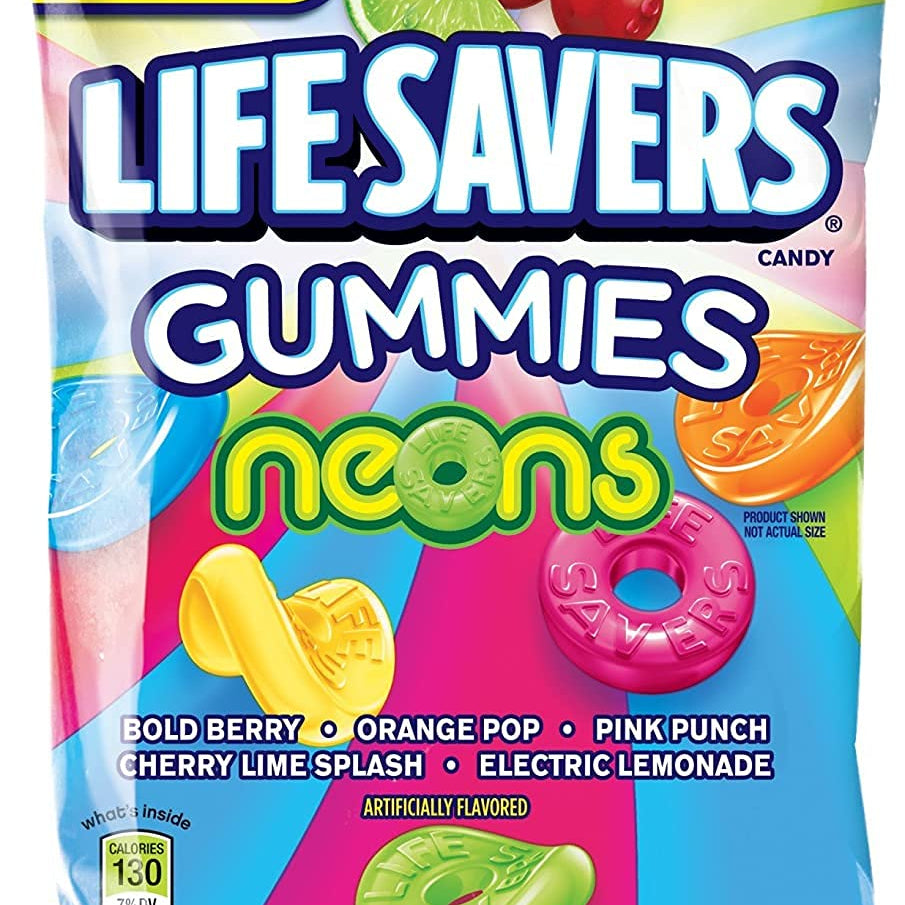 Life Savers Neon Gummies, fruity gummy candy, neon-colored gummies, Life Savers candy USA, 7oz Life Savers, chewy fruit snacks, colorful gummy candy, Life Savers gummy treats, bold fruity flavors, bright and chewy candy.
