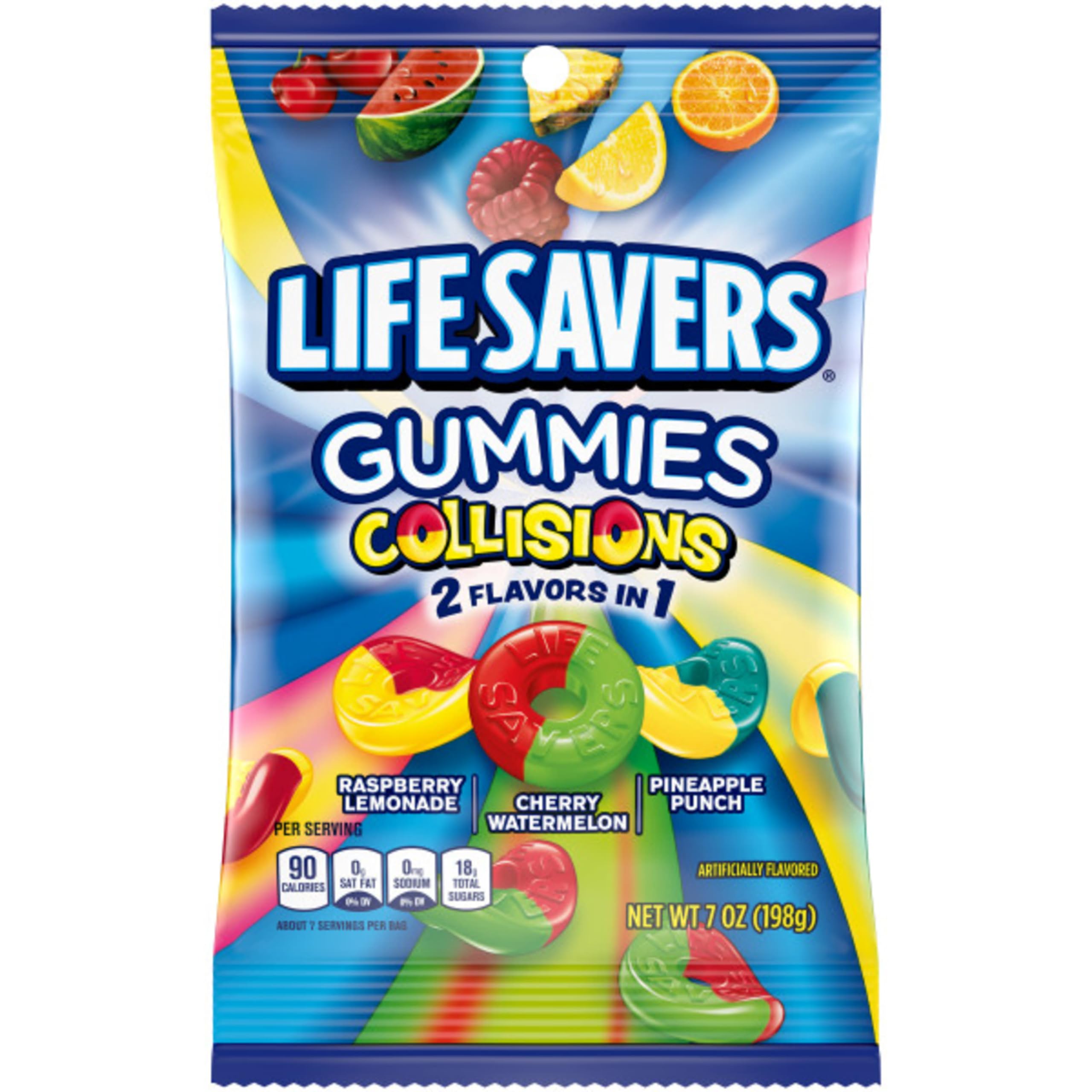 Life Savers Collisions Gummies, 2-in-1 fruit gummies, fruity flavored candy, chewy gummies, Life Savers gummy snacks, dual flavor candy, resealable candy bag, bold gummy flavors, fruit collision gummies, fun candy treats.