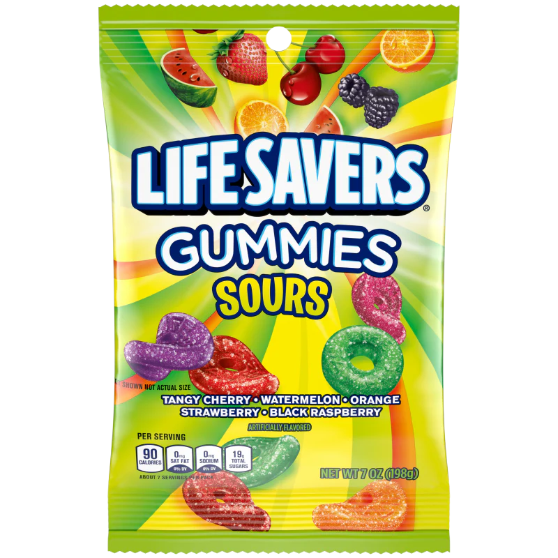 Life Savers Sours Gummies, tangy fruit gummies, sour chewy candy, fruity sour candy, Life Savers gummy snacks, sour candy bag, bold flavored gummies, resealable candy bag, sour fruit treats, sweet and sour gummies.