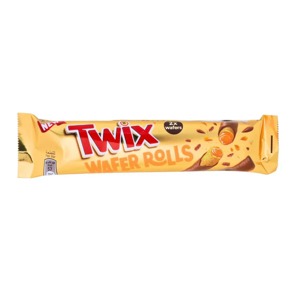 Twix Wafer Rolls, Dubai import snacks, chocolate wafer rolls, caramel wafer rolls, Twix chocolate rolls, crispy chocolate snack, Twix caramel chocolate, imported chocolate treats, chocolate snack, Twix Dubai.
