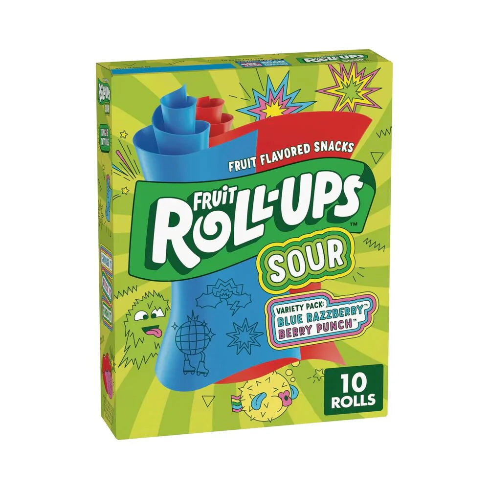 Betty Crocker Fruit Roll-Ups Sour, sour fruit snacks, gluten-free fruit snacks, tangy snacks, fun snacks for kids, sour candy snacks, lunchbox snacks, after-school treats, fruit-flavored rolls, sour roll-ups