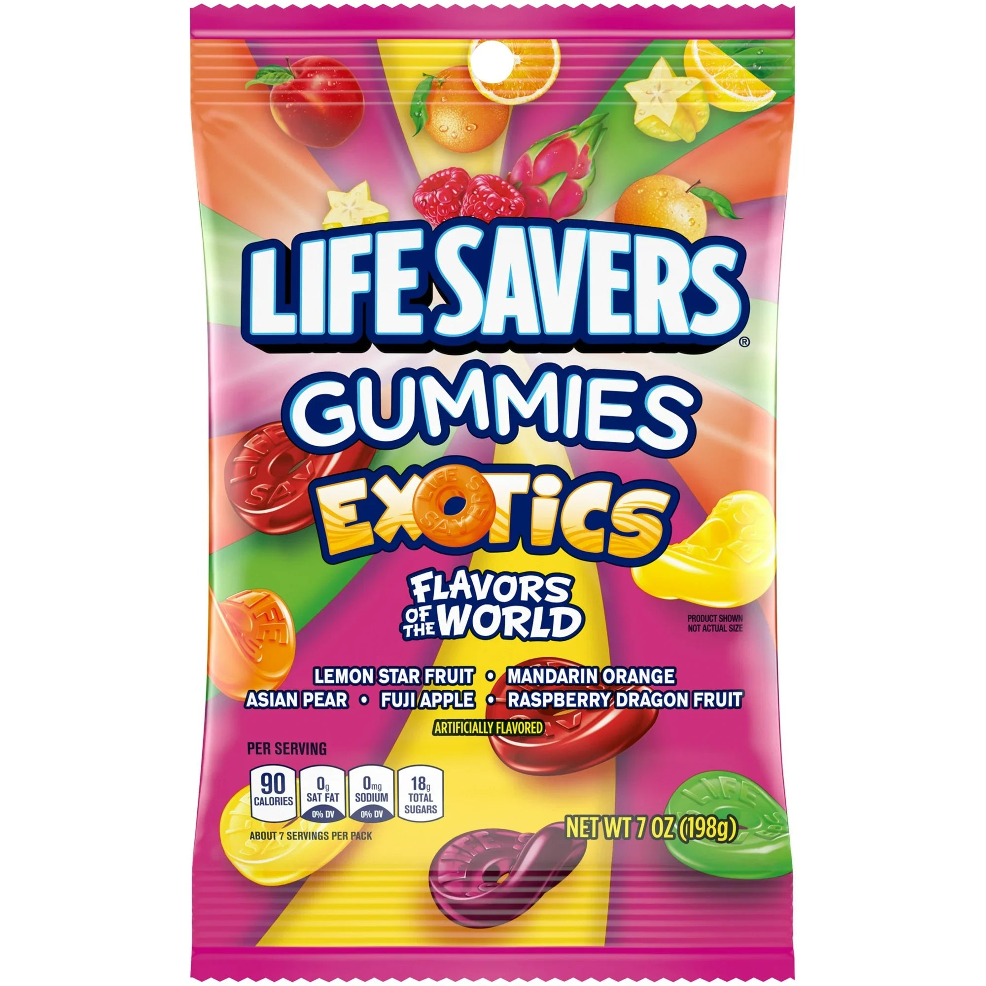 Life Savers Exotics Gummies, tropical fruit gummies, exotic flavored candy, chewy fruit candy, Life Savers Flavors of the World, fruity gummy snacks, resealable candy bag, bold fruit flavors, global candy treats, tropical Life Savers gummies.