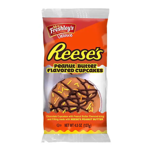 Mrs. Freshley’s Reese’s Cupcakes, peanut butter flavored cupcakes, Reese’s inspired snacks, chocolate and peanut butter cupcakes, portable desserts, Reese’s deluxe treats, snack-sized cupcakes, peanut butter filling cupcakes, indulgent chocolate desserts, sweet snack ideas.